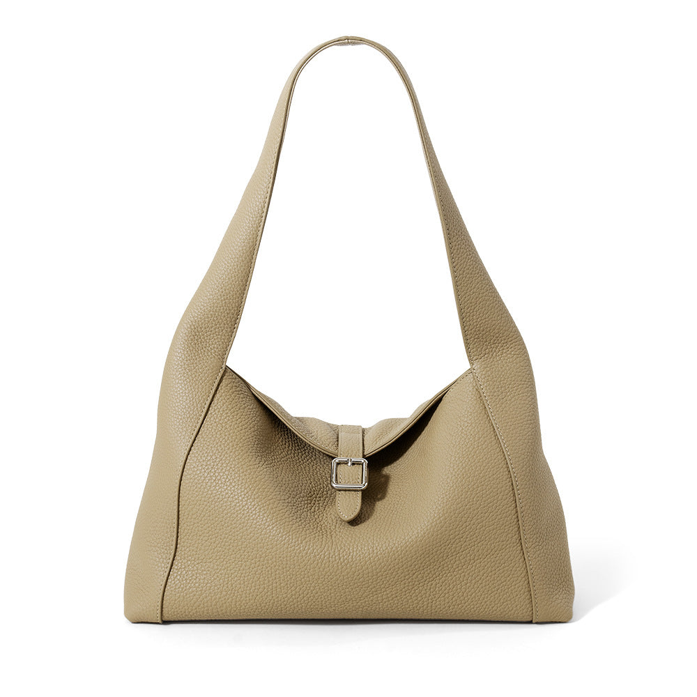 Litchi Pattern Leather Tote Bag - Large Capacity Cowhide Shoulder Handbag