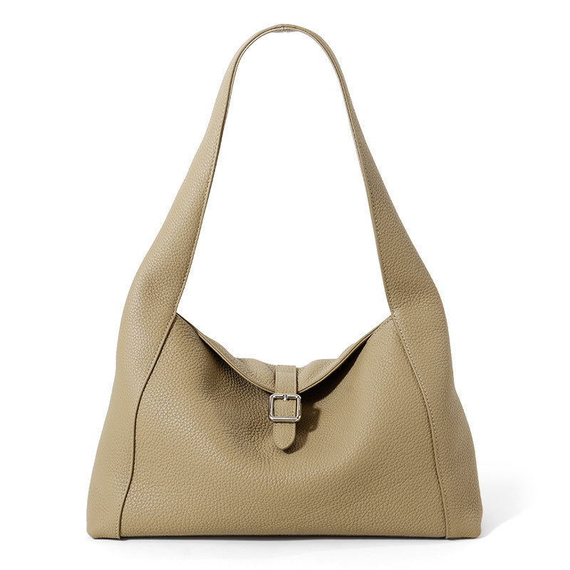 Litchi Pattern Leather Tote Bag - Large Capacity Cowhide Shoulder Handbag