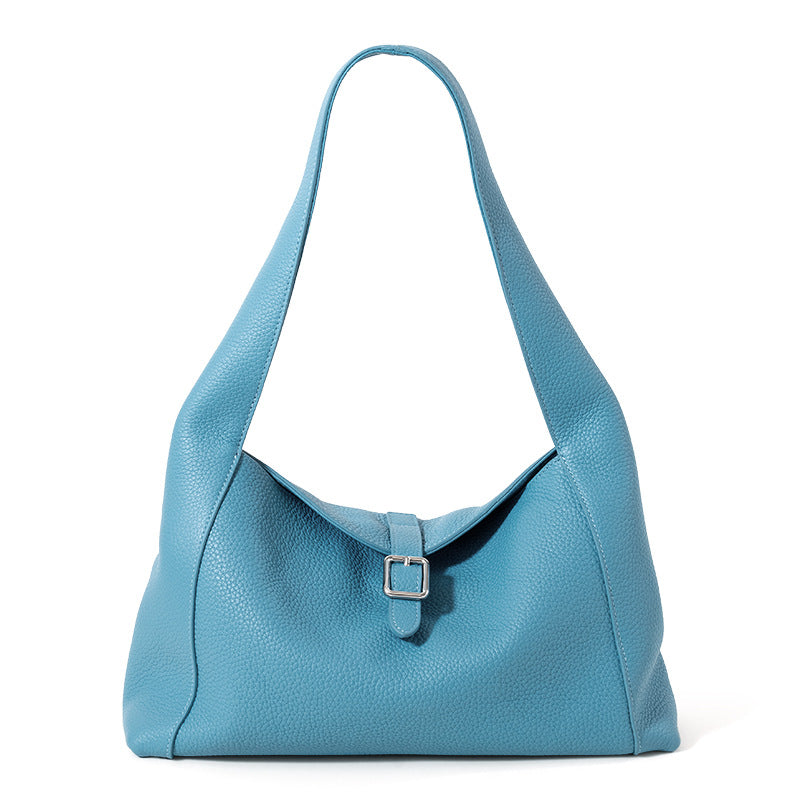 Litchi Pattern Leather Tote Bag - Large Capacity Cowhide Shoulder Handbag