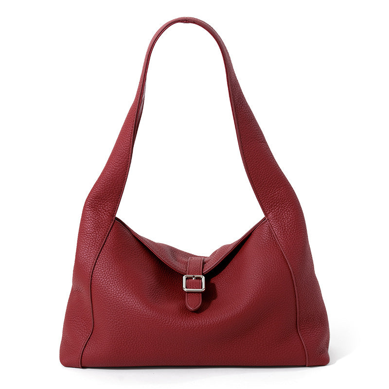 Litchi Pattern Leather Tote Bag - Large Capacity Cowhide Shoulder Handbag