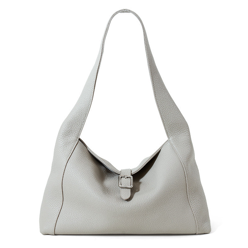 Litchi Pattern Leather Tote Bag - Large Capacity Cowhide Shoulder Handbag