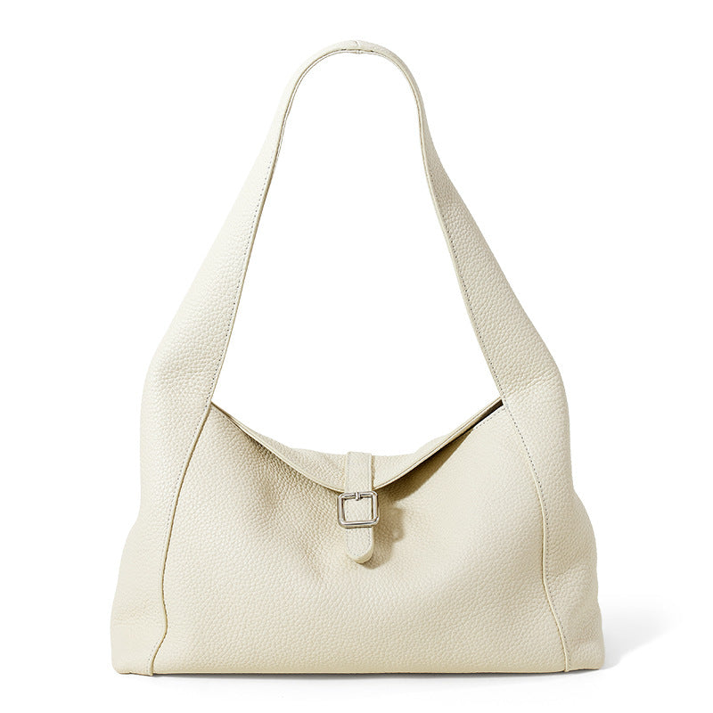 Litchi Pattern Leather Tote Bag - Large Capacity Cowhide Shoulder Handbag