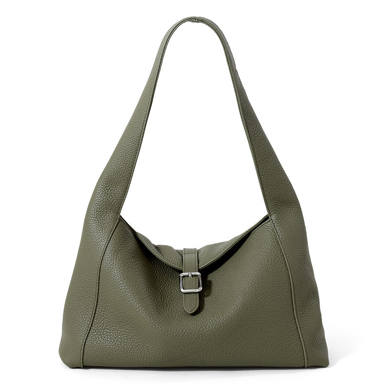 Litchi Pattern Leather Tote Bag - Large Capacity Cowhide Shoulder Handbag