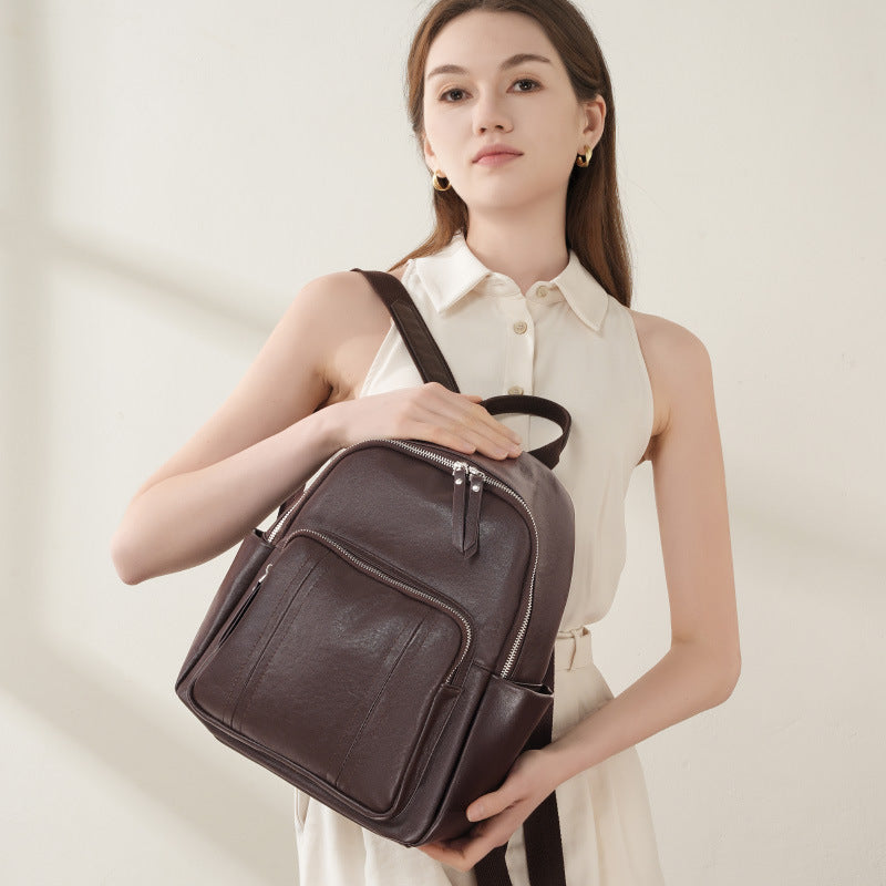 Vegetable Tanned Leather Backpack - European Fashion Soft Cowhide Bag Women