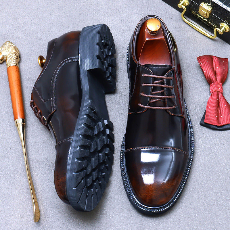 Top Layer Cowhide Three-joint Leather Shoes Men's Genuine Leather Thick-soled Tooling Shoes Increased Round Head Big Toe Leather Shoes