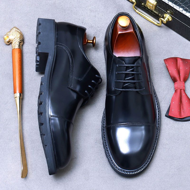 Top Layer Cowhide Three-joint Leather Shoes Men's Genuine Leather Thick-soled Tooling Shoes Increased Round Head Big Toe Leather Shoes