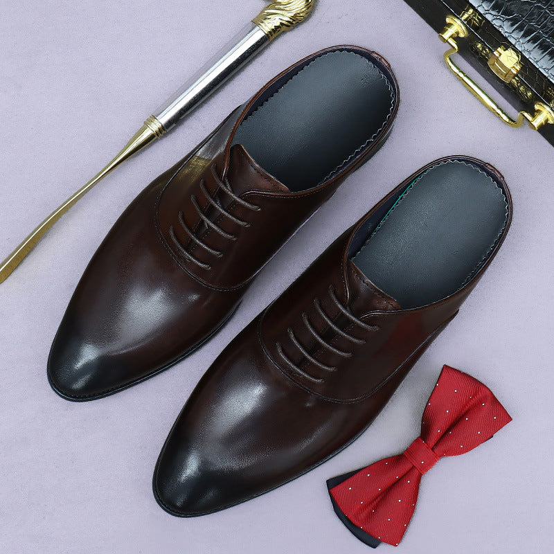 Business Leather Lace-Up Leather Half-Slip Leather Shoes Men's Slip-Up Shoes Men's Heel-Free Cowhide Lazy Casual Leather Shoes