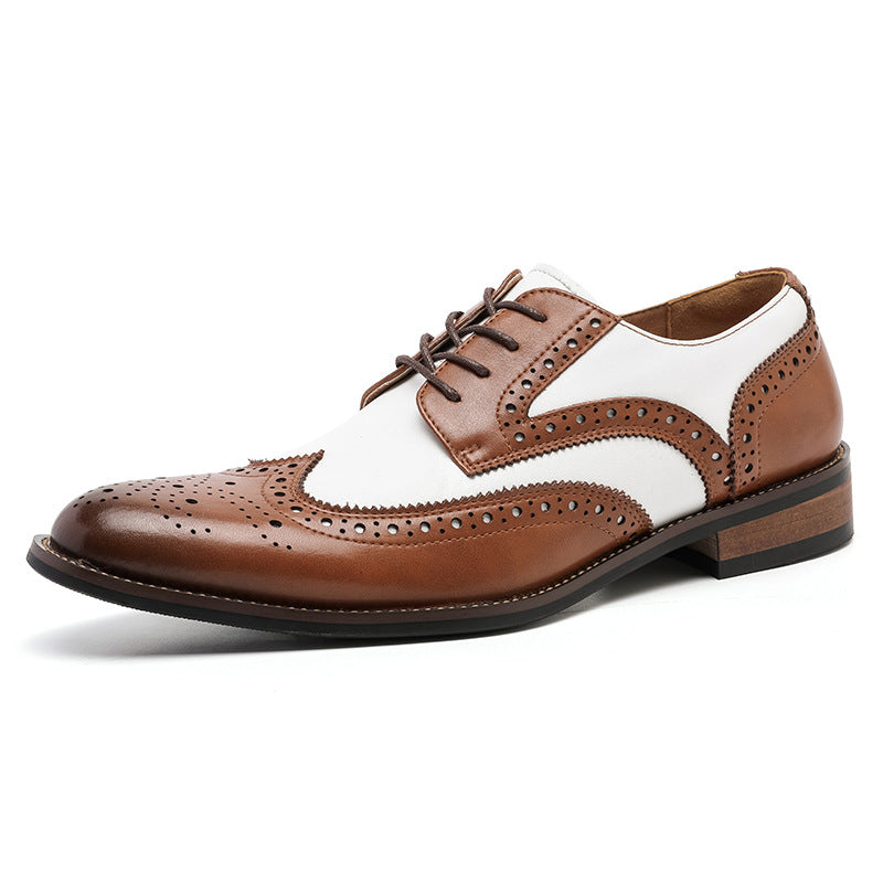 Men's Black & White Brogue Derby Shoes - Carved Leather