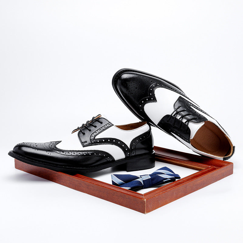 Men's Black & White Brogue Derby Shoes - Carved Leather