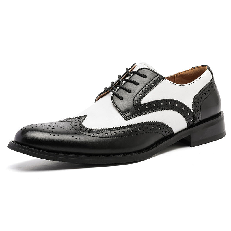 Men's Black & White Brogue Derby Shoes - Carved Leather