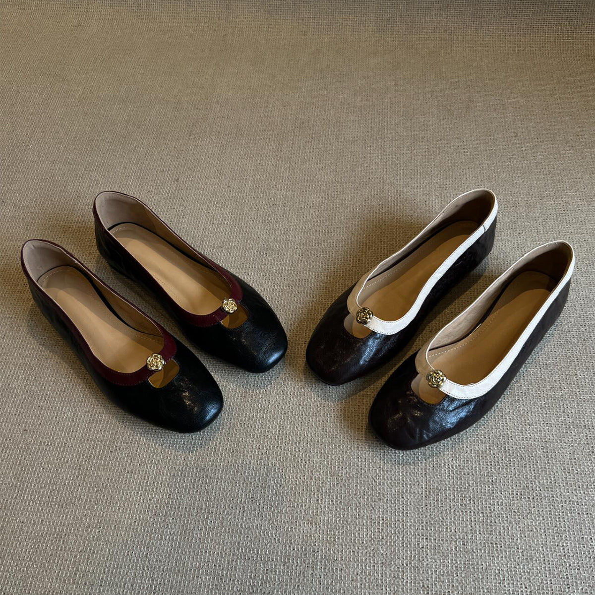 Women's Lambskin Camellia Mary Jane Flats - French Retro