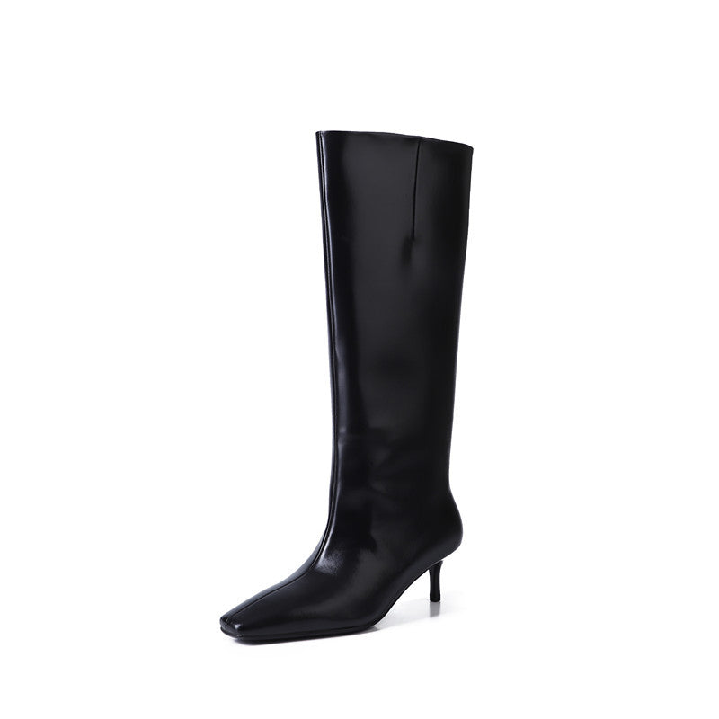 Women's Full Leather Knee High Boots - Square Toe
