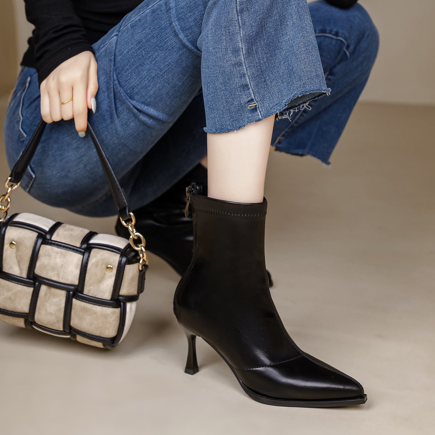 Women's Sheepskin Kitten Heel Boots - 6.5cm Pointed Toe