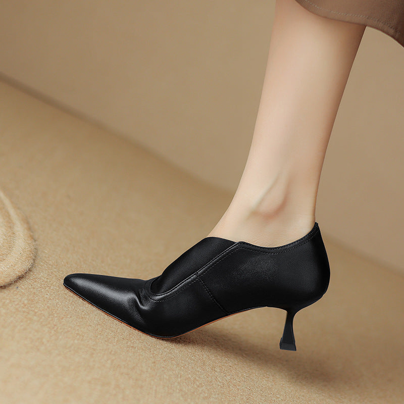 Women's French Cowhide Work Pumps - Pointed High Heel