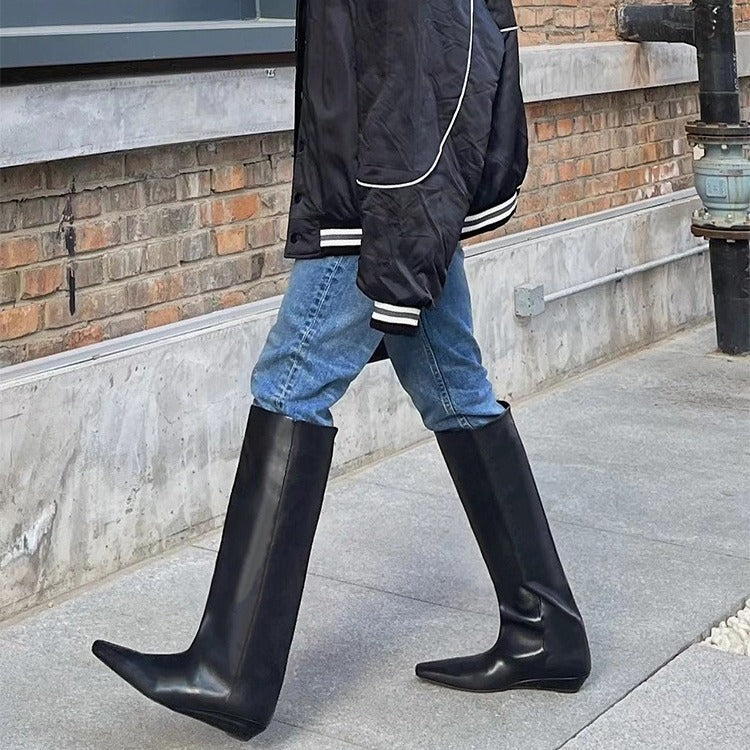 Women's Cowhide Wedge Heel Knight Boots - Knee High