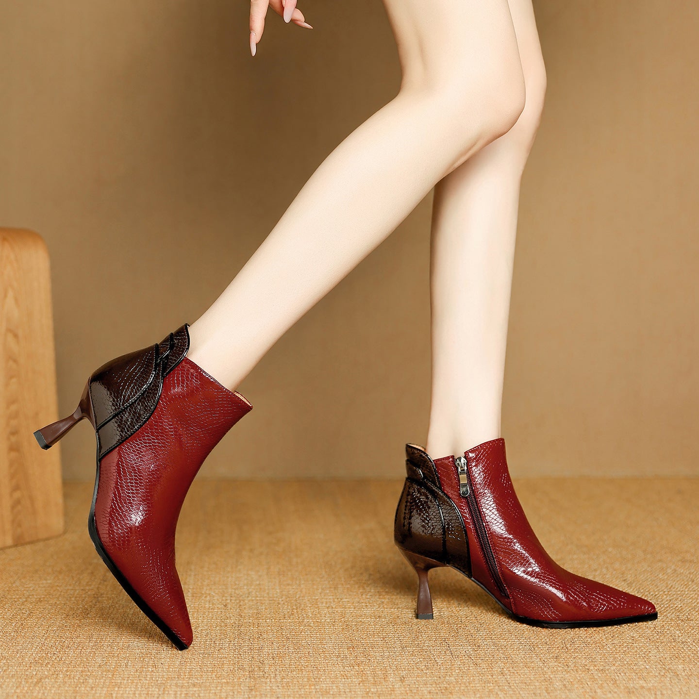 Women's French Cowhide Stitching Ankle Boots - Pointed Toe