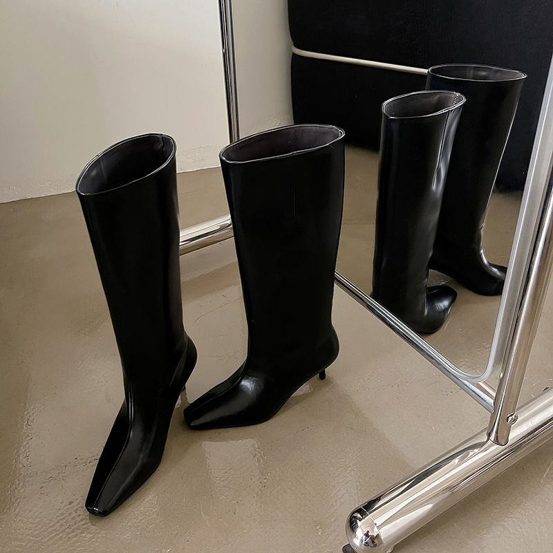 Women's Full Leather Knee High Boots - Square Toe
