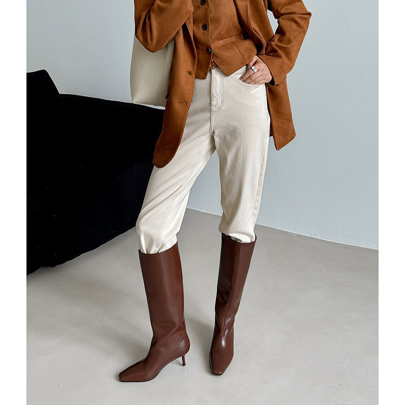 Women's Full Leather Knee High Boots - Square Toe