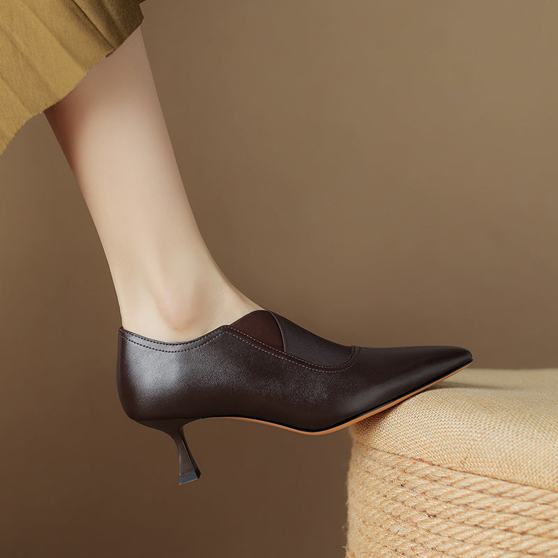 Women's French Cowhide Work Pumps - Pointed High Heel