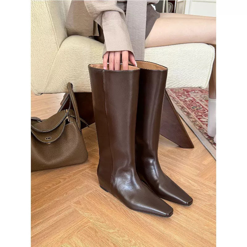 Women's Cowhide Wedge Heel Knight Boots - Knee High