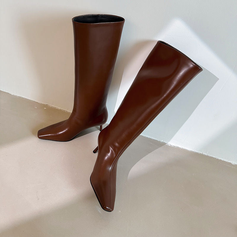 Women's Full Leather Knee High Boots - Square Toe