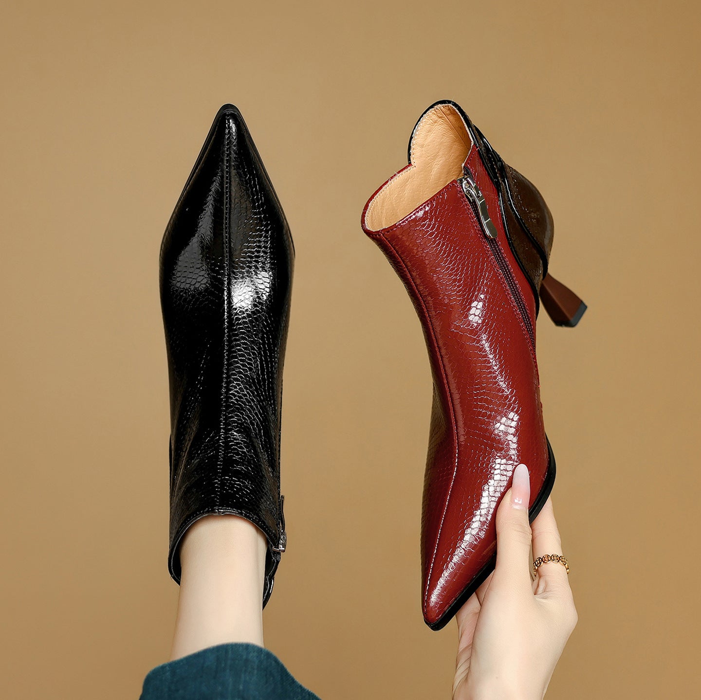 Women's French Cowhide Stitching Ankle Boots - Pointed Toe