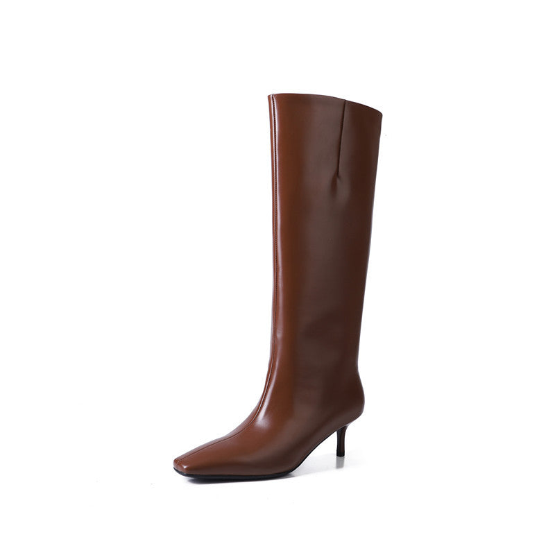 Women's Full Leather Knee High Boots - Square Toe