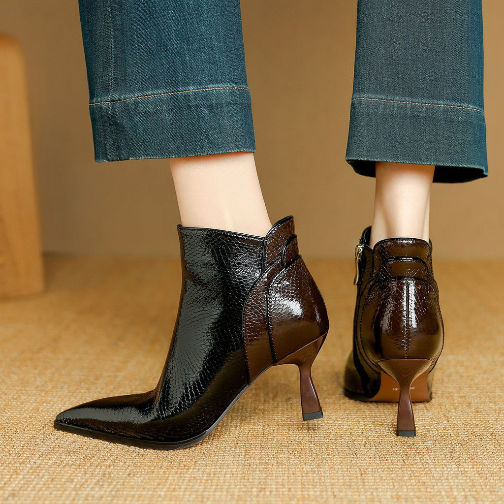 Women's French Cowhide Stitching Ankle Boots - Pointed Toe