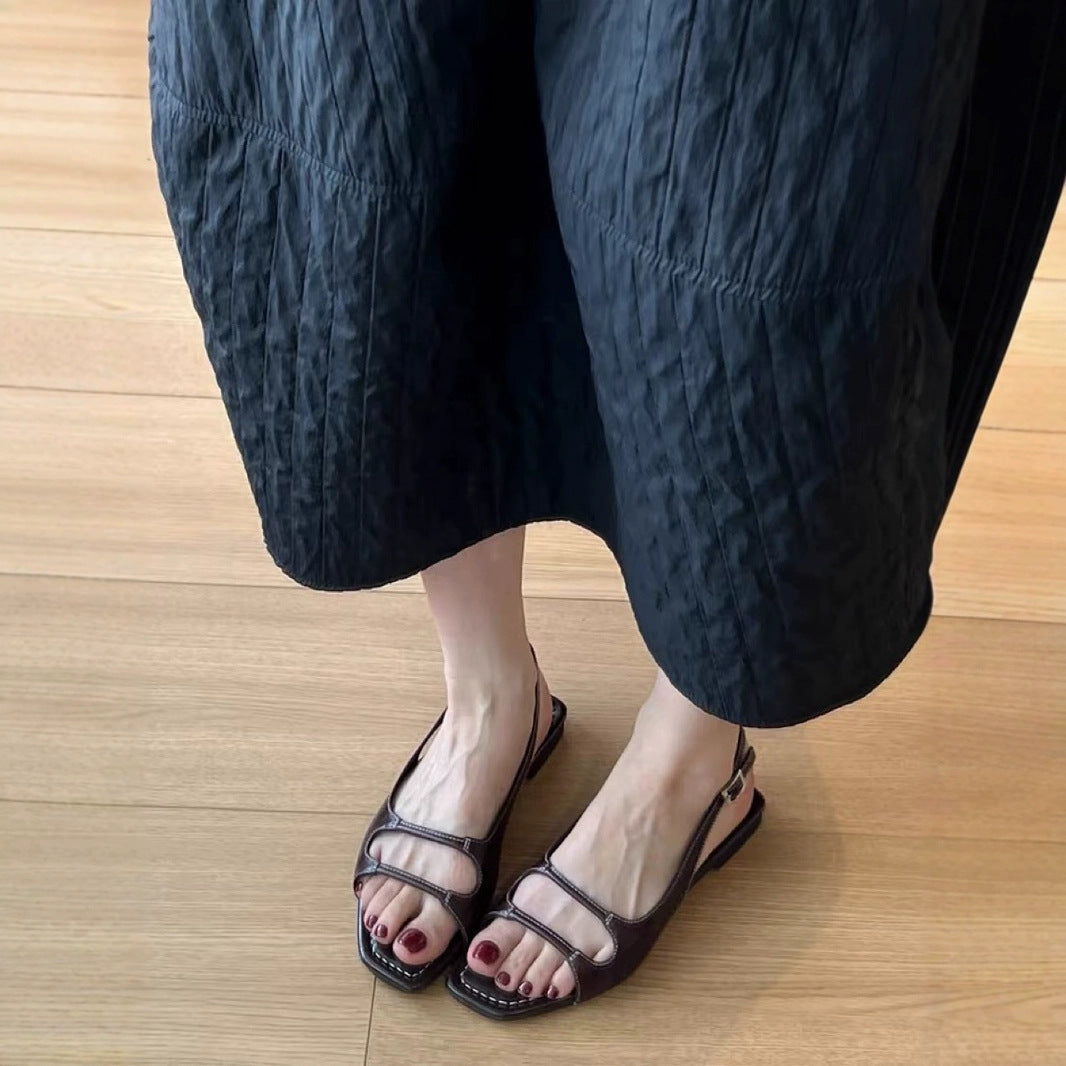 Women's French Sheepskin Sandals - Flat Buckle Style