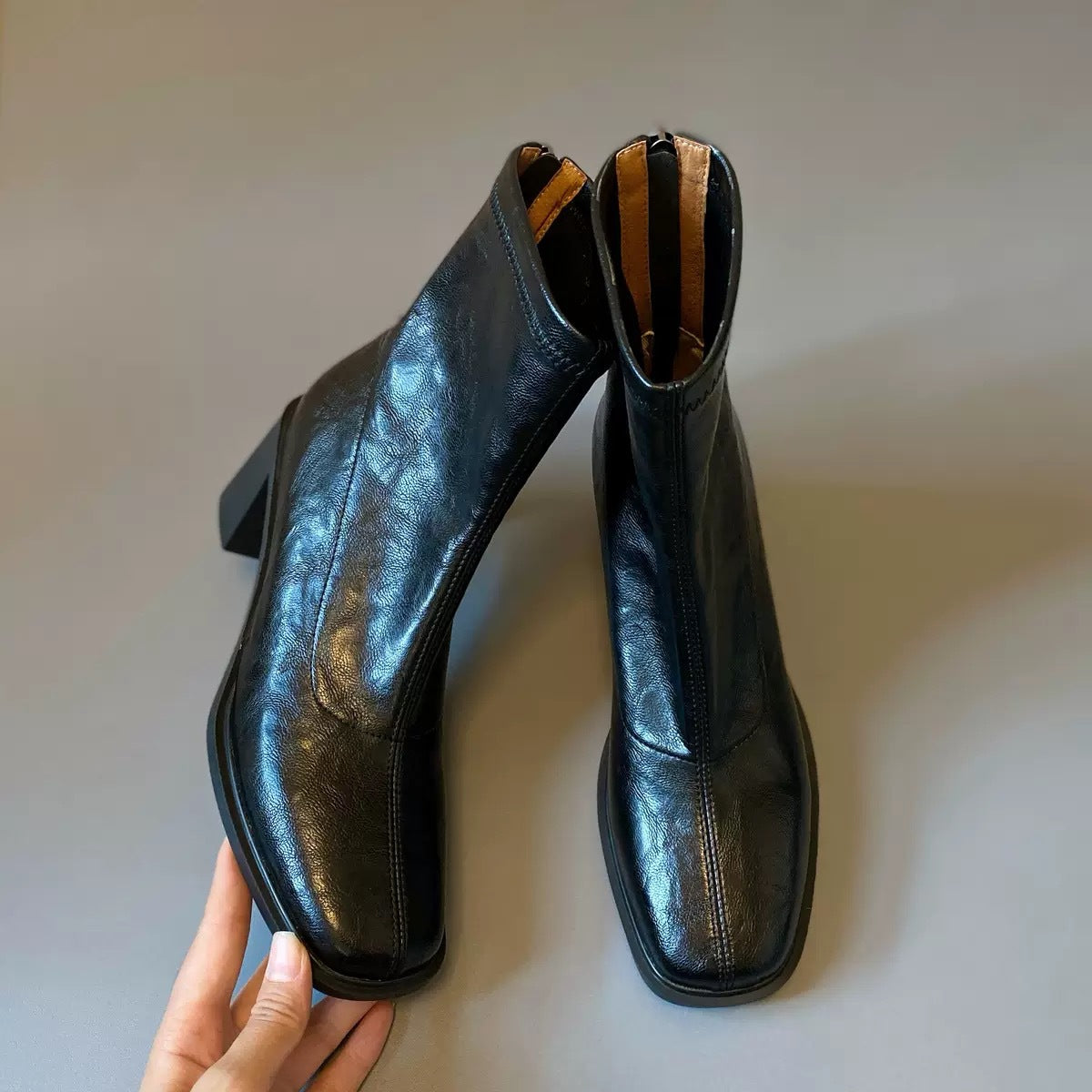 Women's Cowhide Square Toe Martin Boots - French Style