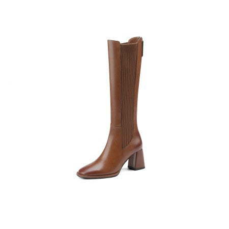 Women's Stretch High Boots - Genuine Leather Thick Heel