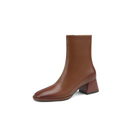 French Retro Square Toe Ankle Boots - Thick Heel Leather