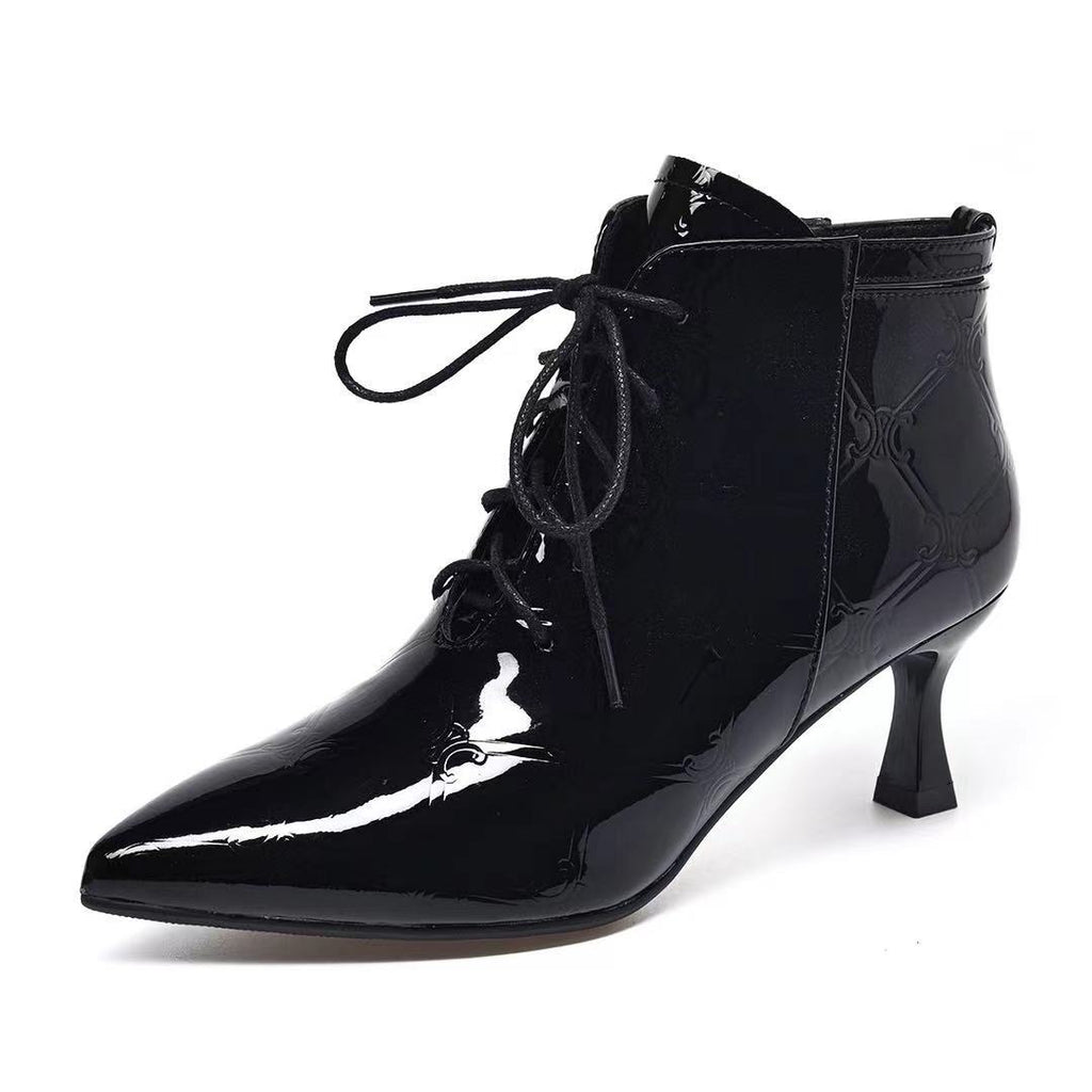 Women's Patent Leather Stiletto Martin Boots - Pointed Toe