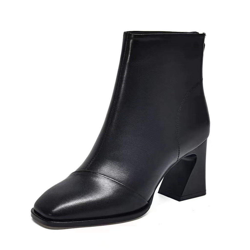 Women's Square Toe Thick Heel Ankle Boots - Genuine Leather