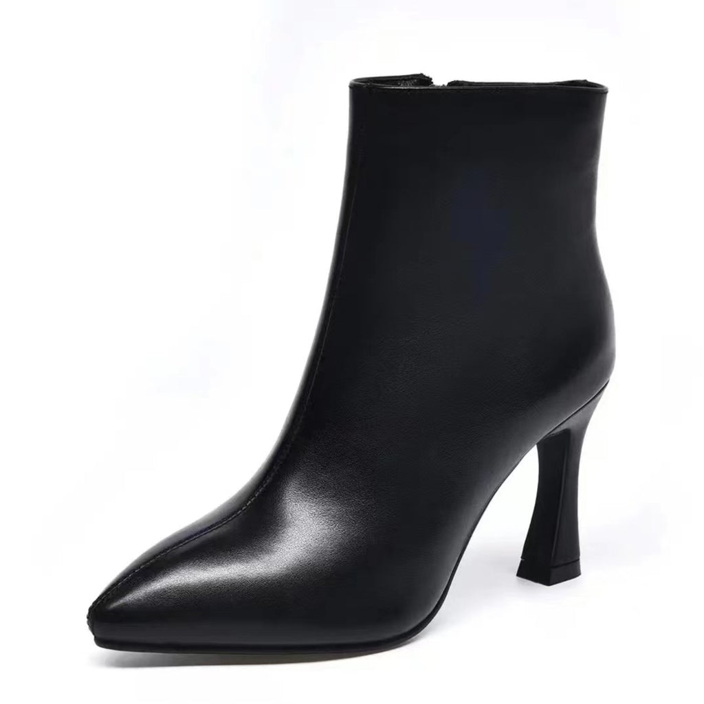 Women's Pointed Chunky Heel Ankle Boots - Genuine Leather