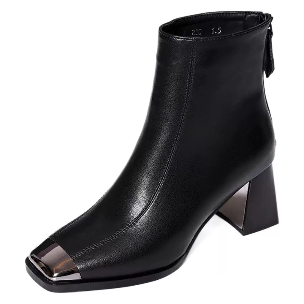 Women's Square Toe Thick Heel Martin Boots - Genuine Leather