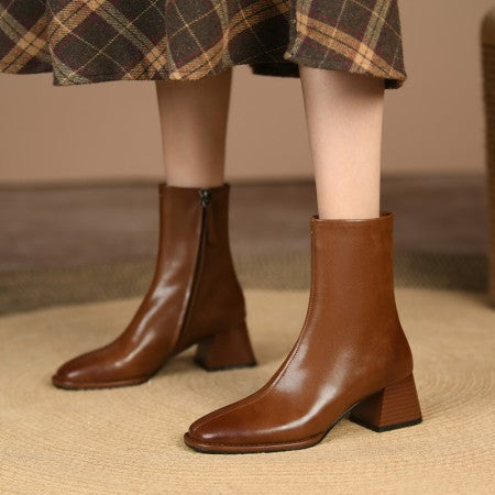 French Retro Square Toe Ankle Boots - Thick Heel Leather