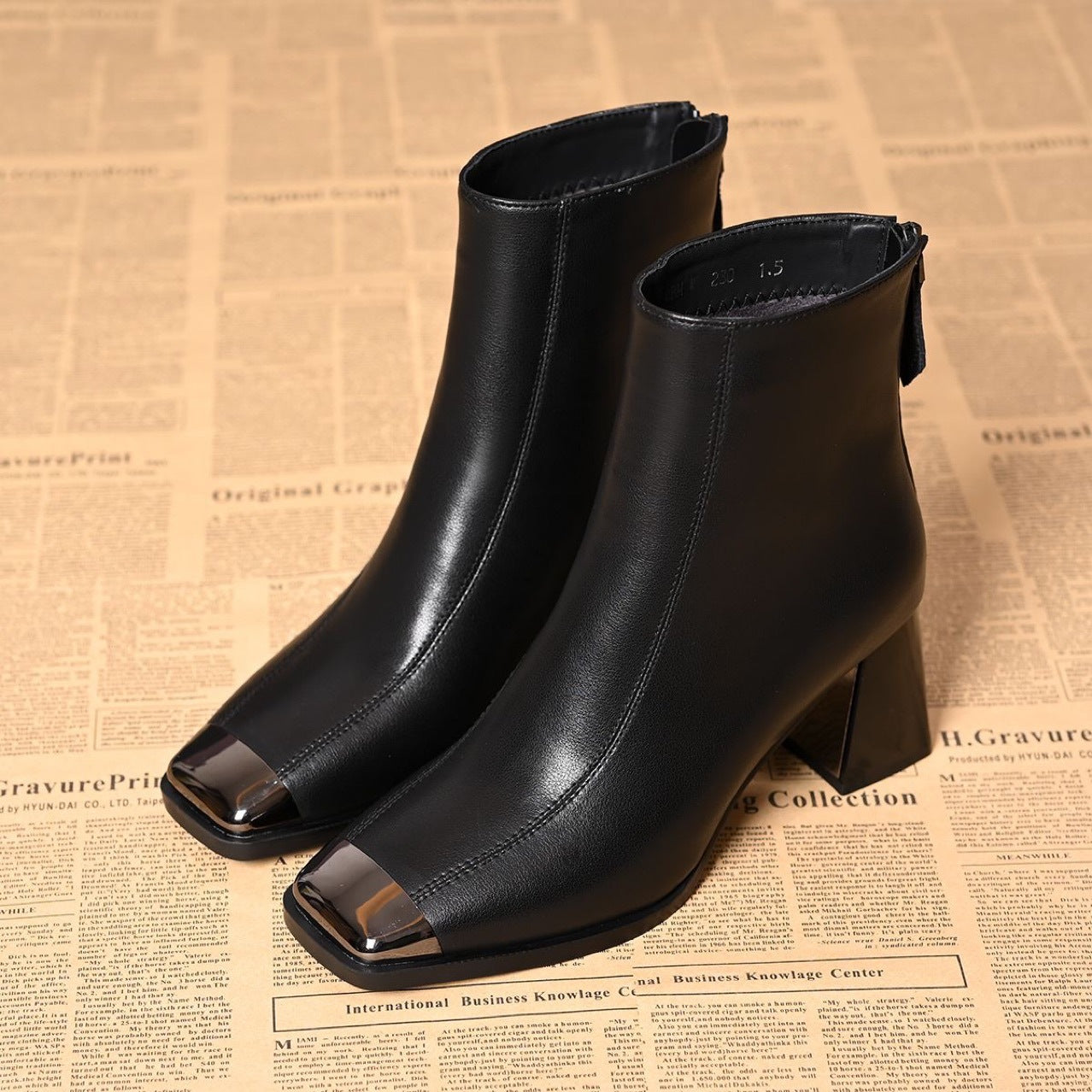 Women's Square Toe Thick Heel Martin Boots - Genuine Leather