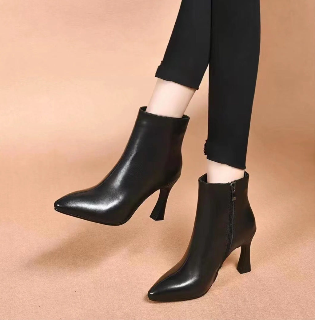 Women's Pointed Chunky Heel Ankle Boots - Genuine Leather