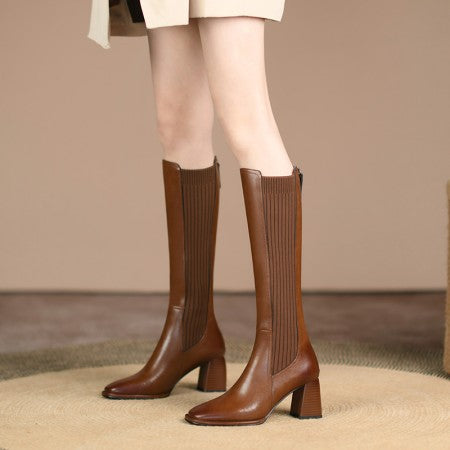 Women's Stretch High Boots - Genuine Leather Thick Heel