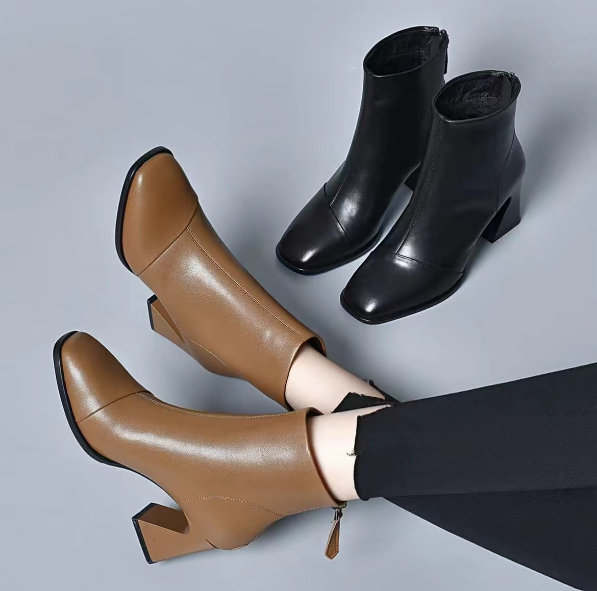 Women's Square Toe Thick Heel Ankle Boots - Genuine Leather