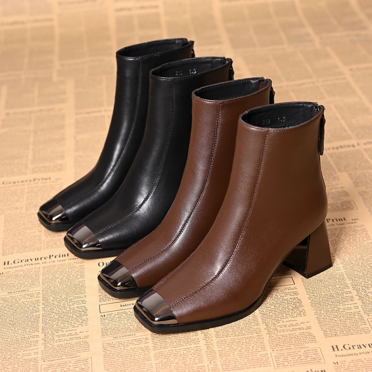 Women's Square Toe Thick Heel Martin Boots - Genuine Leather