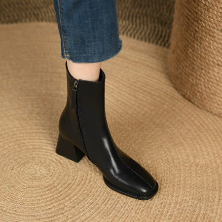 French Retro Square Toe Ankle Boots - Thick Heel Leather