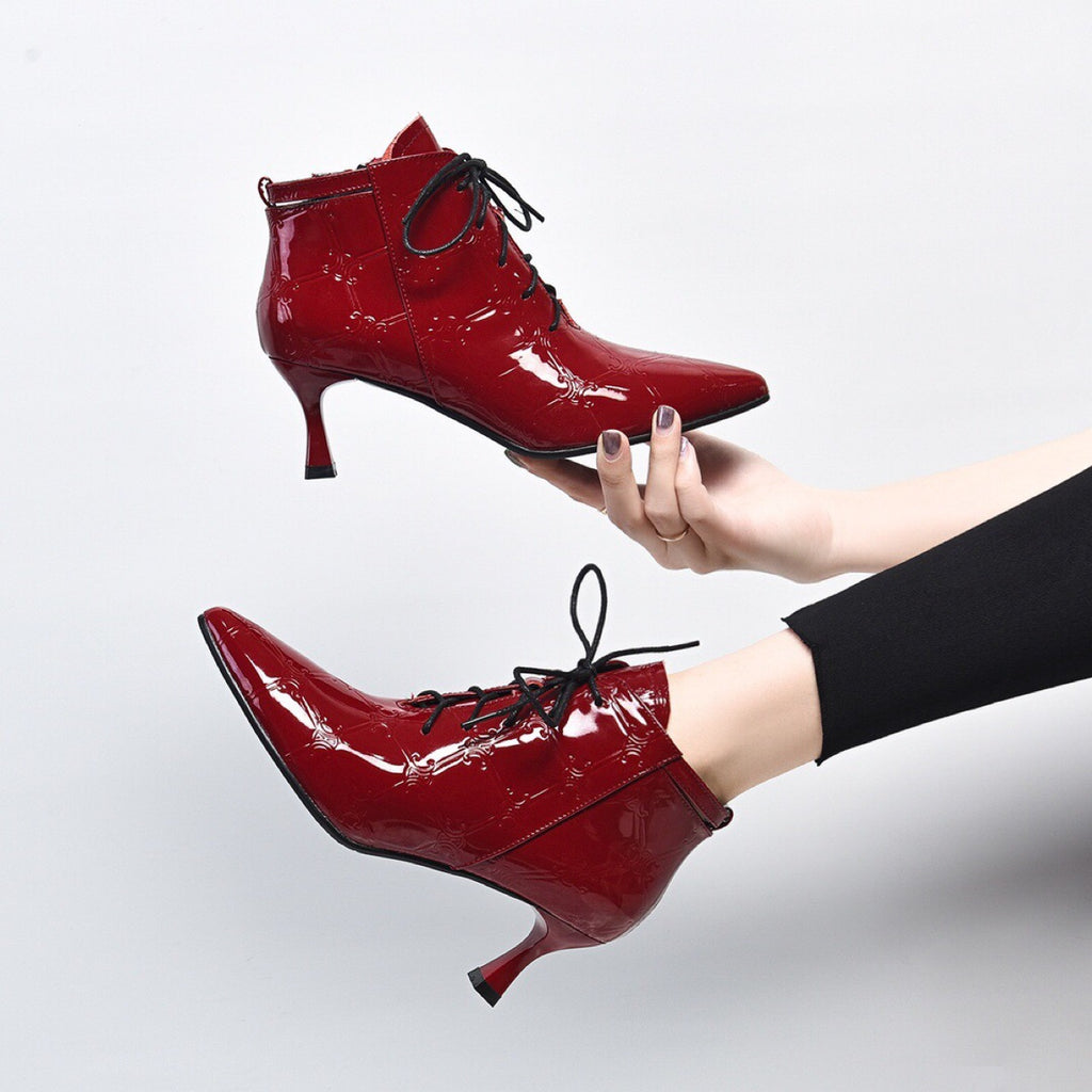 Women's Patent Leather Stiletto Martin Boots - Pointed Toe