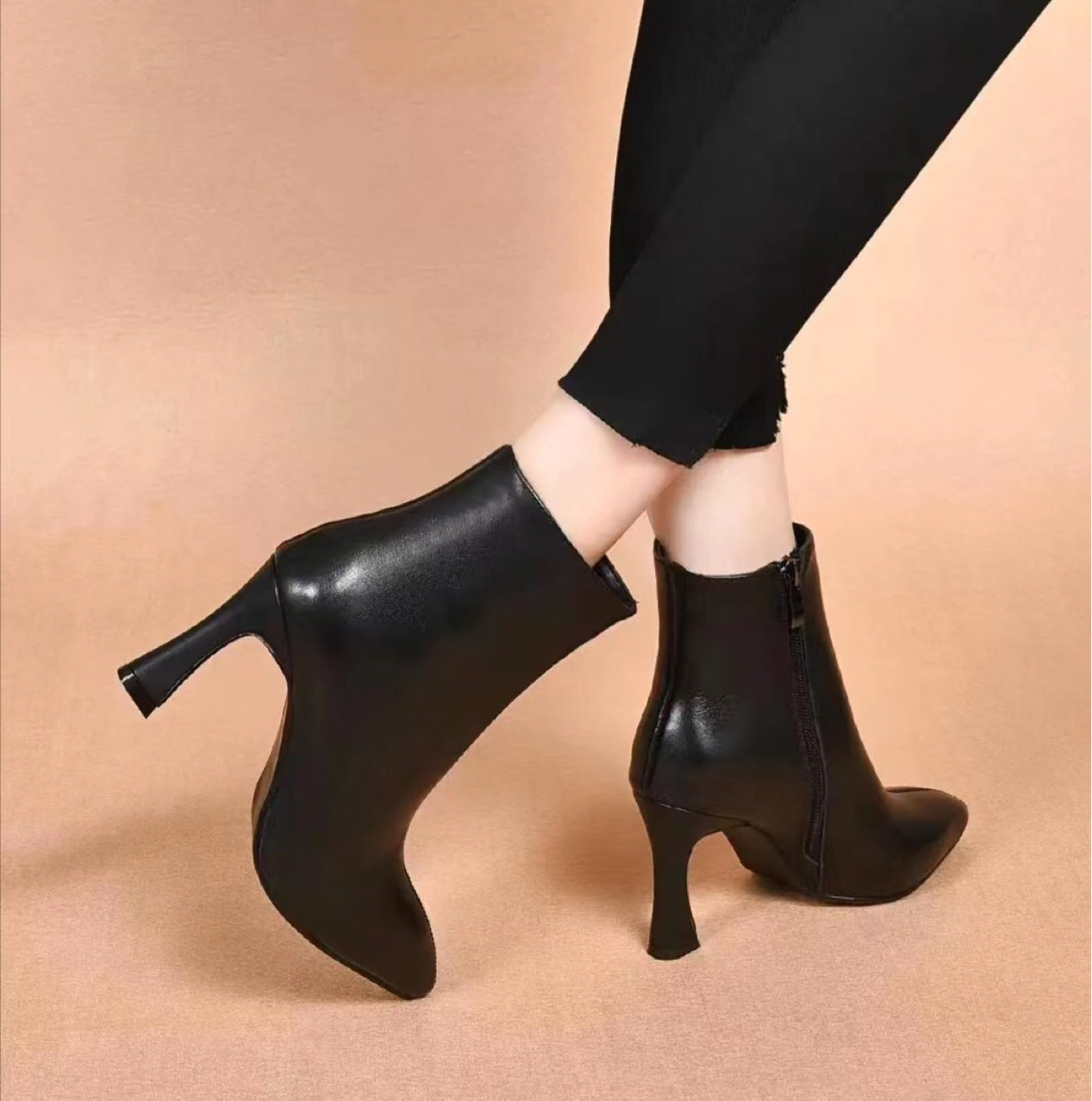 Women's Pointed Chunky Heel Ankle Boots - Genuine Leather