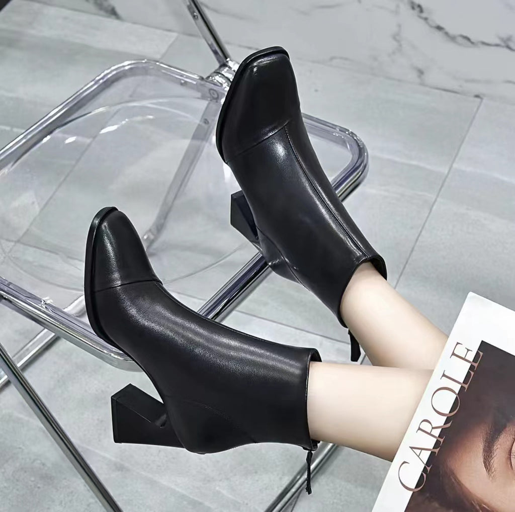 Women's Square Toe Thick Heel Ankle Boots - Genuine Leather