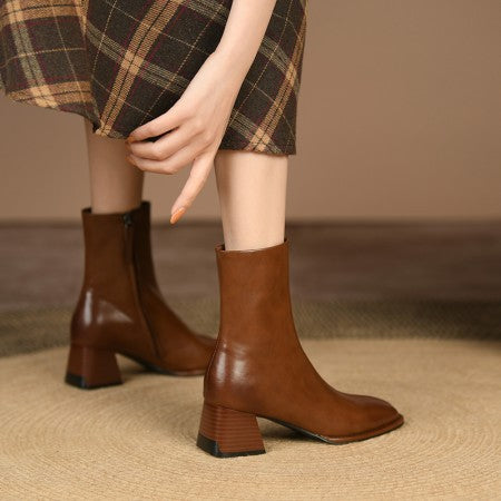French Retro Square Toe Ankle Boots - Thick Heel Leather