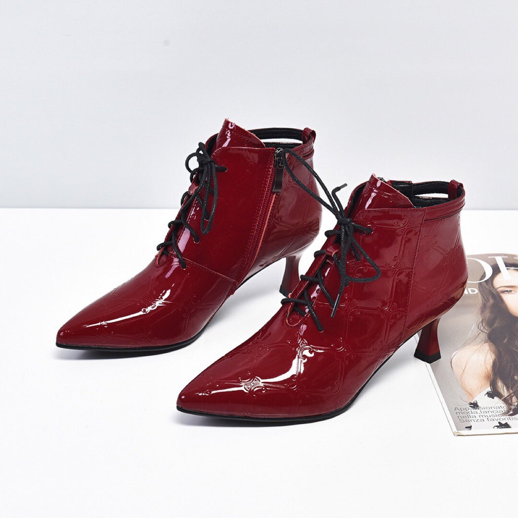 Women's Patent Leather Stiletto Martin Boots - Pointed Toe