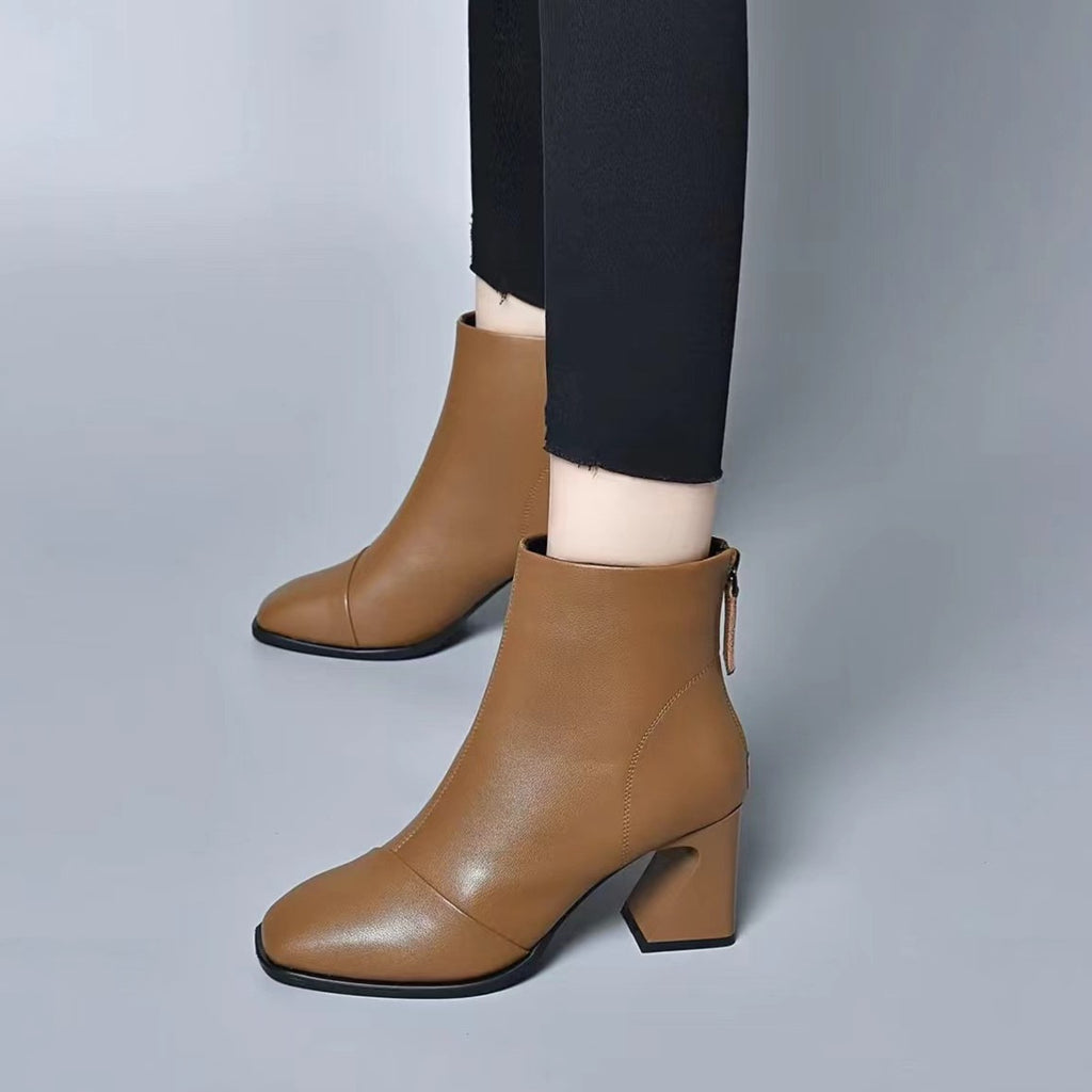 Women's Square Toe Thick Heel Ankle Boots - Genuine Leather