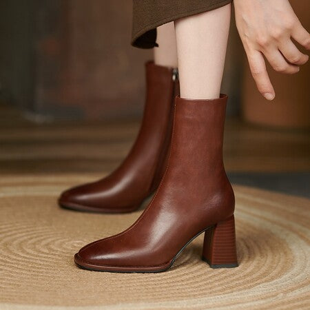 Women's Vintage Cowhide Martin Boots - 7cm Thick Heel